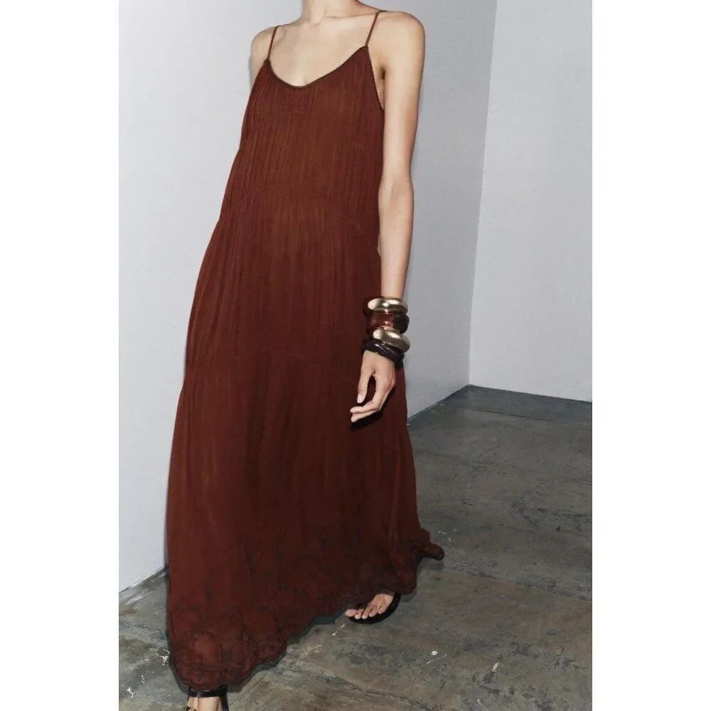 Zara ZW Womens Midi Slip Dress S Small Brown orange Embroidered 6895/058 NWT